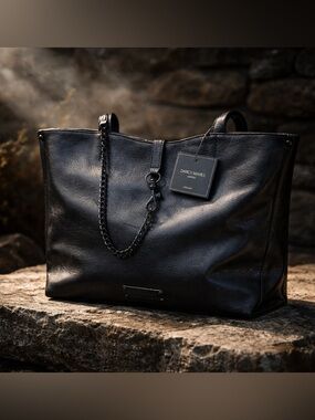 Darcy Marks Black Leather Tote with Chain Accent